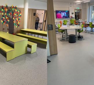 delt bilde av fellesareal og klasserom på Kringsjå Skole i Kristiansand
