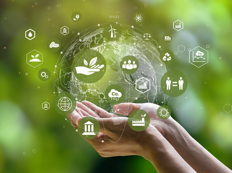 Illustrasjon av miljø, samfunn og styresett. Energi av naturgass bærekraftig og etisk virksomhet på nettverkstilkobling på grønn bakgrunn