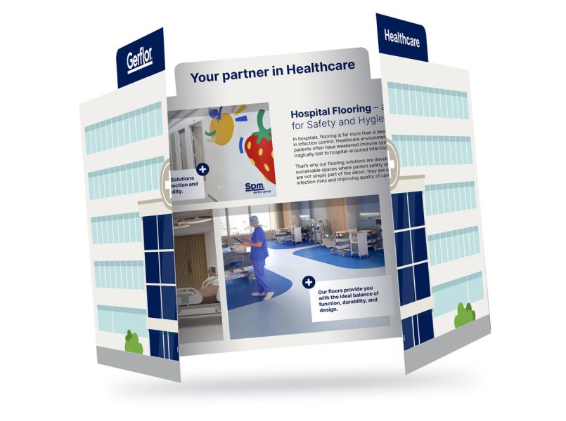 en brosjyre om gulv til sykehus brettet ut slik at du også ser litt av innsidene i brosjyren