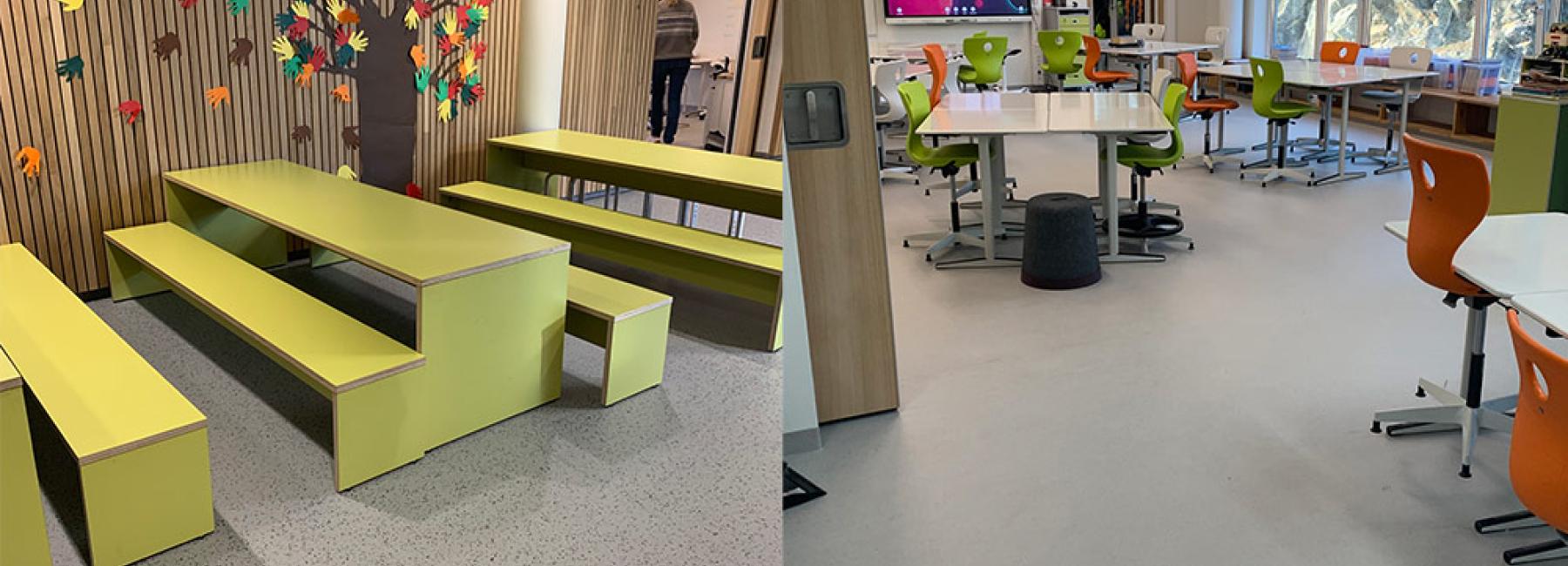 delt bilde av fellesareal og klasserom på Kringsjå Skole i Kristiansand