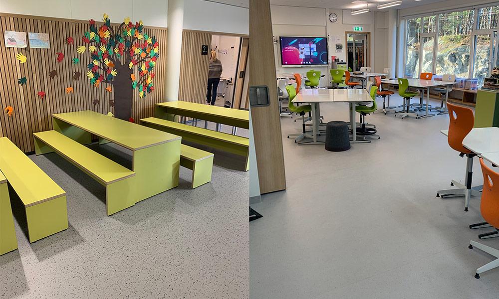 delt bilde av fellesareal og klasserom på Kringsjå Skole i Kristiansand