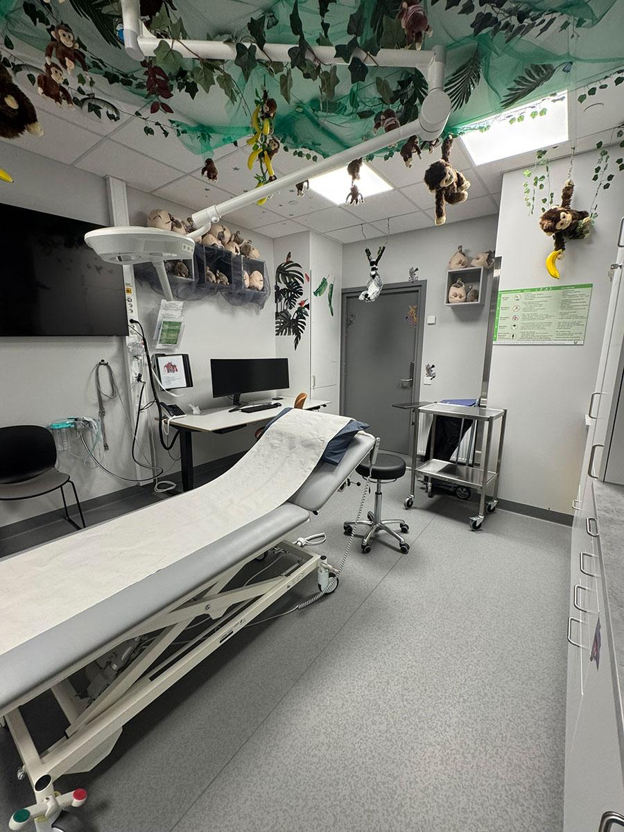 en sykeseng stående midt i et behandlingsrom